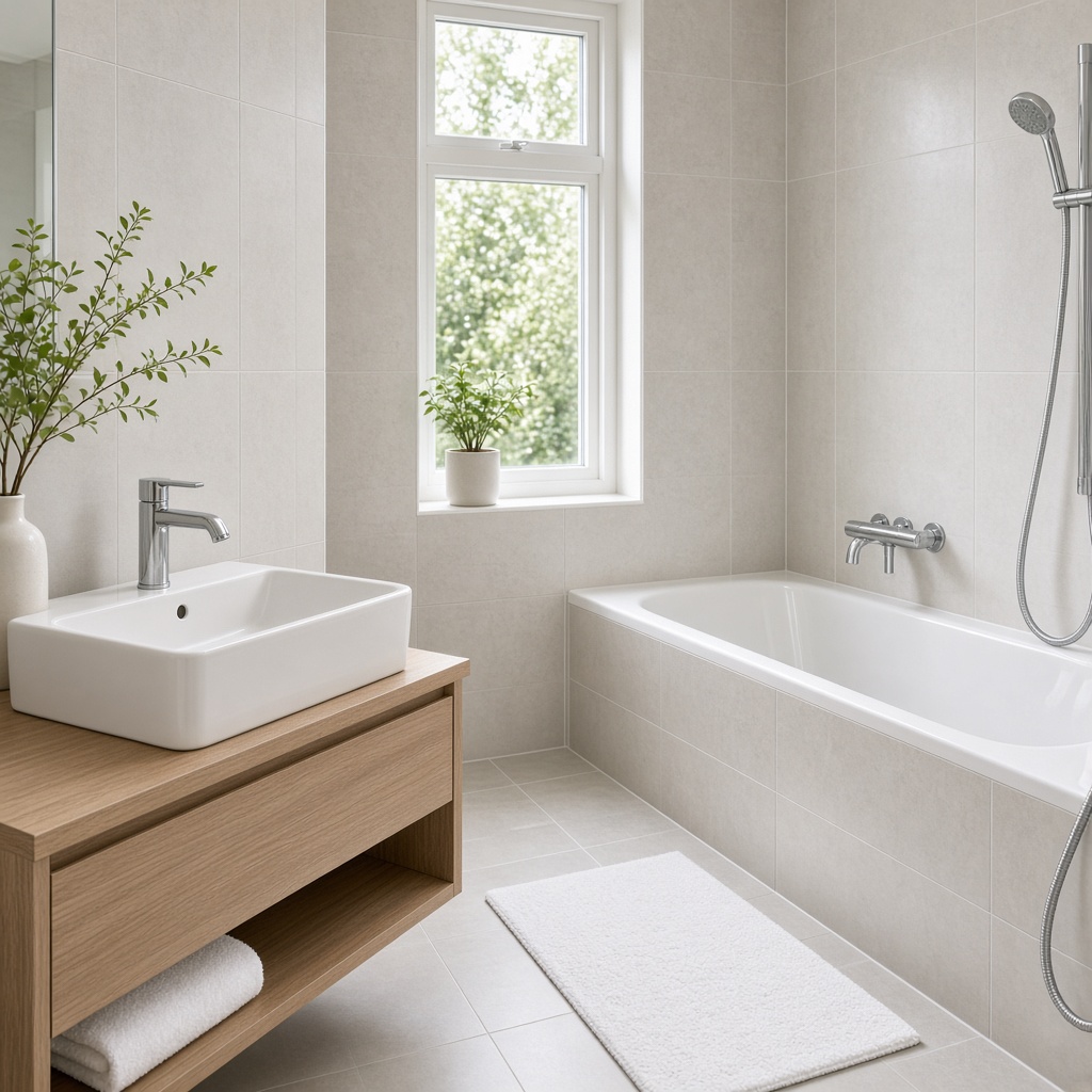 Tiled bathroom with sanitary fittings